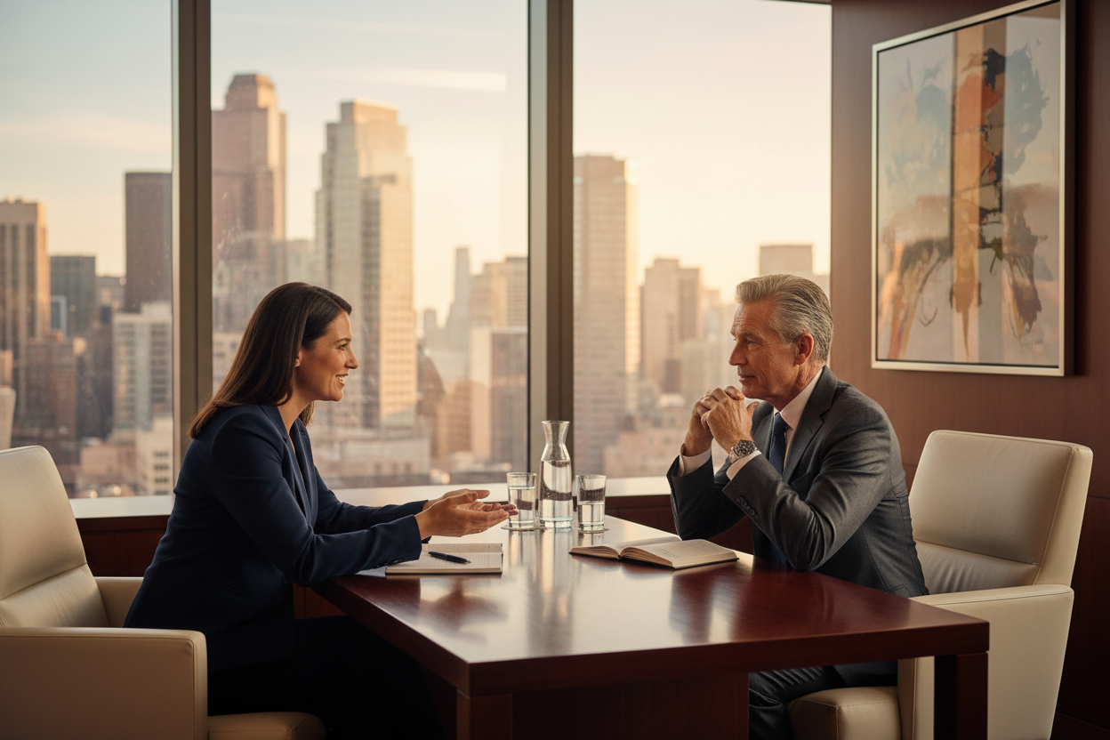 Executive leadership coaching session with a coach and senior executive in a premium office