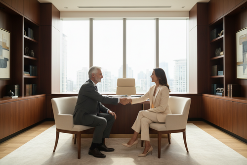 Senior business advisor in a one-on-one meeting with a CEO in a premium corporate environment