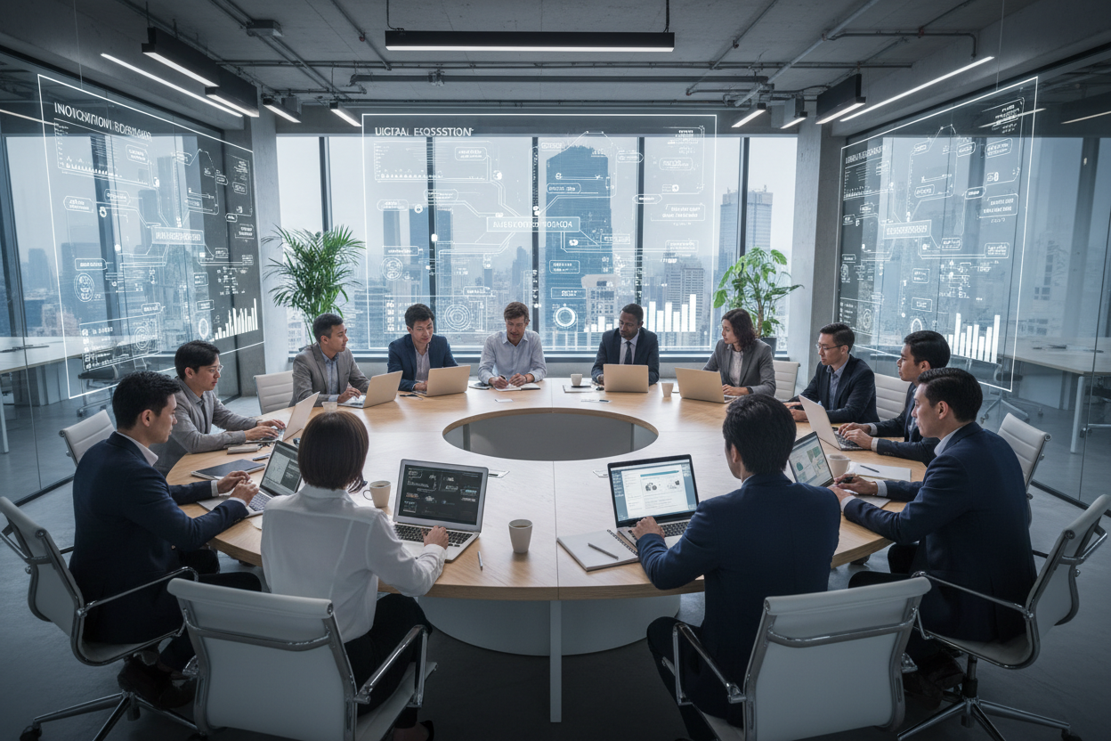 Technology experts and business professionals collaborating on digital innovation roadmaps