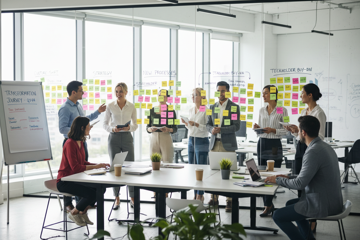 Diverse business team in a transformation planning workshop with sticky notes on glass walls