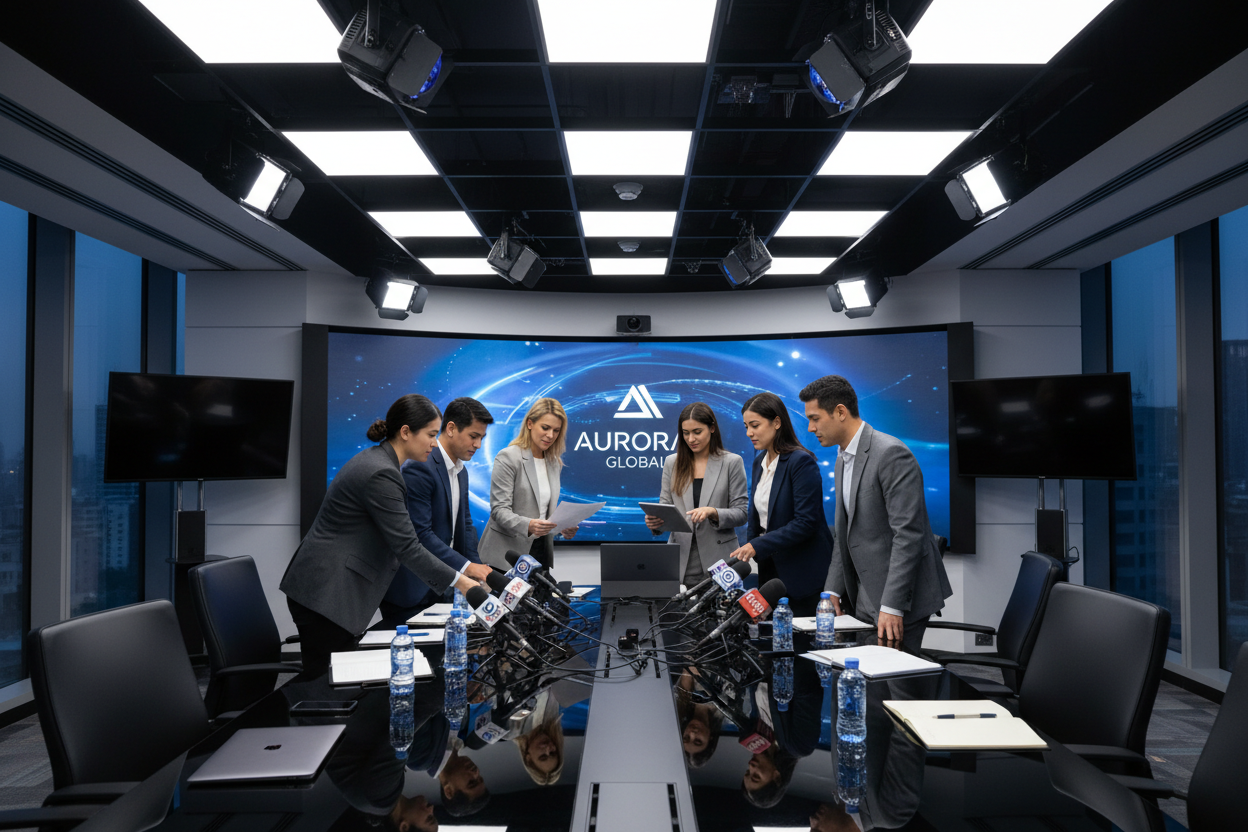 Corporate PR and communications team in a modern media briefing room