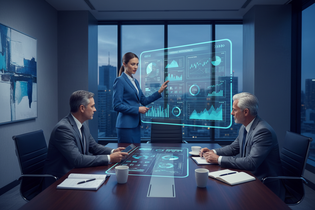 Financial analyst presenting performance charts to a business client in a modern office