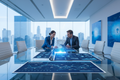 Business executives reviewing strategic roadmaps in a modern glass office