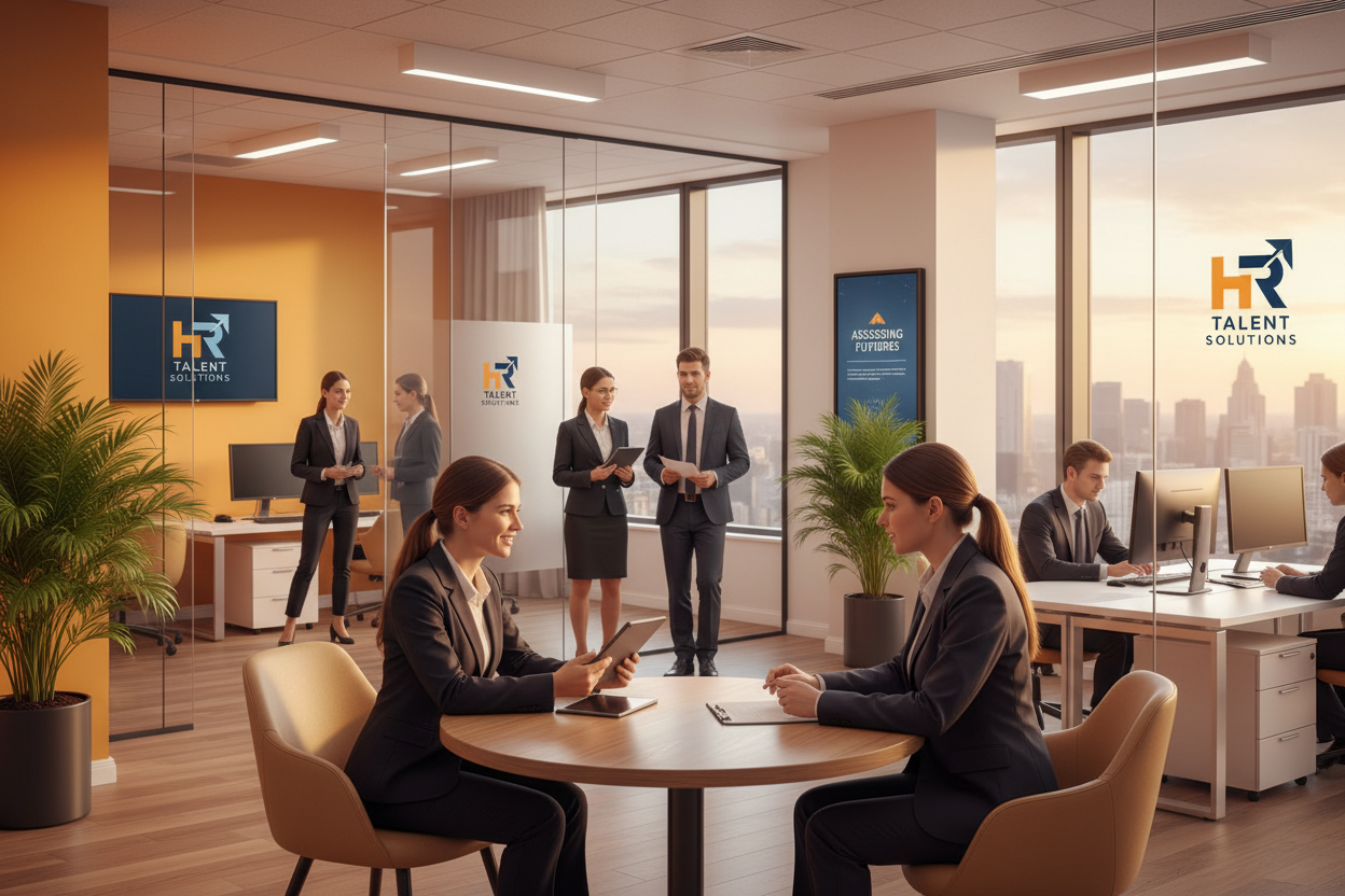 HR professionals interviewing and assessing candidates in a modern bright office