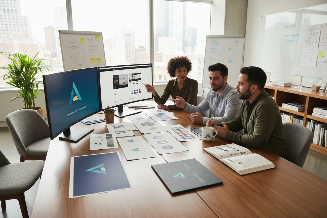 Creative professionals reviewing brand guidelines and logo concepts in a modern studio